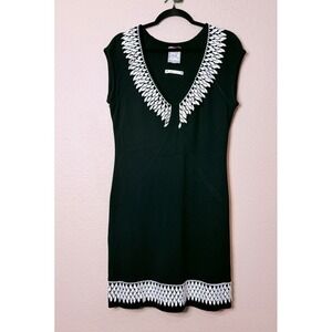Yoana Baraschi Black White Knit Lace Trim V Neck Dress Size Large XL Stretch